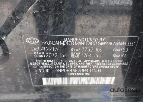2013 Hyundai Elantra Gls from USA, damaged, VIN 5NPDH4AE7DH434534